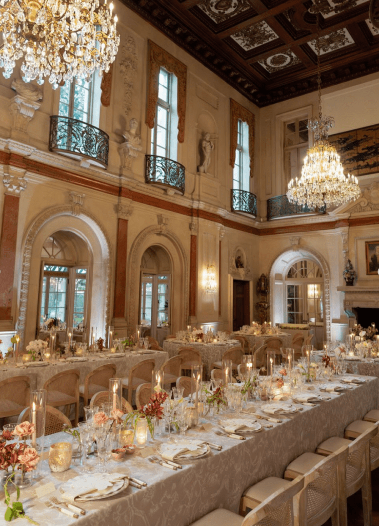 A room set up for an event with high ceilings and arched windows
