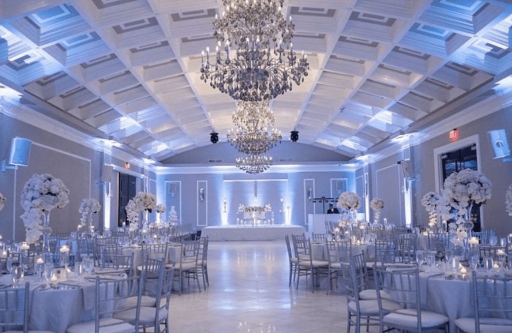 The Milan Room showcasing its chandeliers.